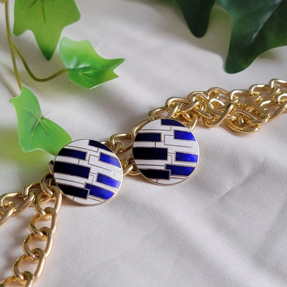 80s Cobalt Blue Geometric Circle Earrings - Picture 2 of 5